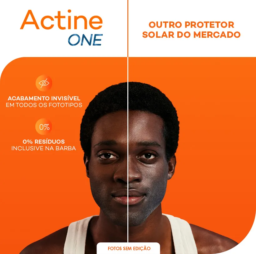 Imagem com os benefícios de Actine One com um modelo negro. Do lado esquerdo, o acabamento de Actine One. Do lado direito, o acabamento de outro protetor solar do mercado