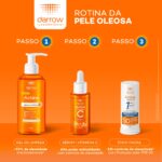 Rotina da pele oleosa Darrow: 1 - Gel de limpeza; 2 - Sérum com Vitamina C; 3 - Stick.