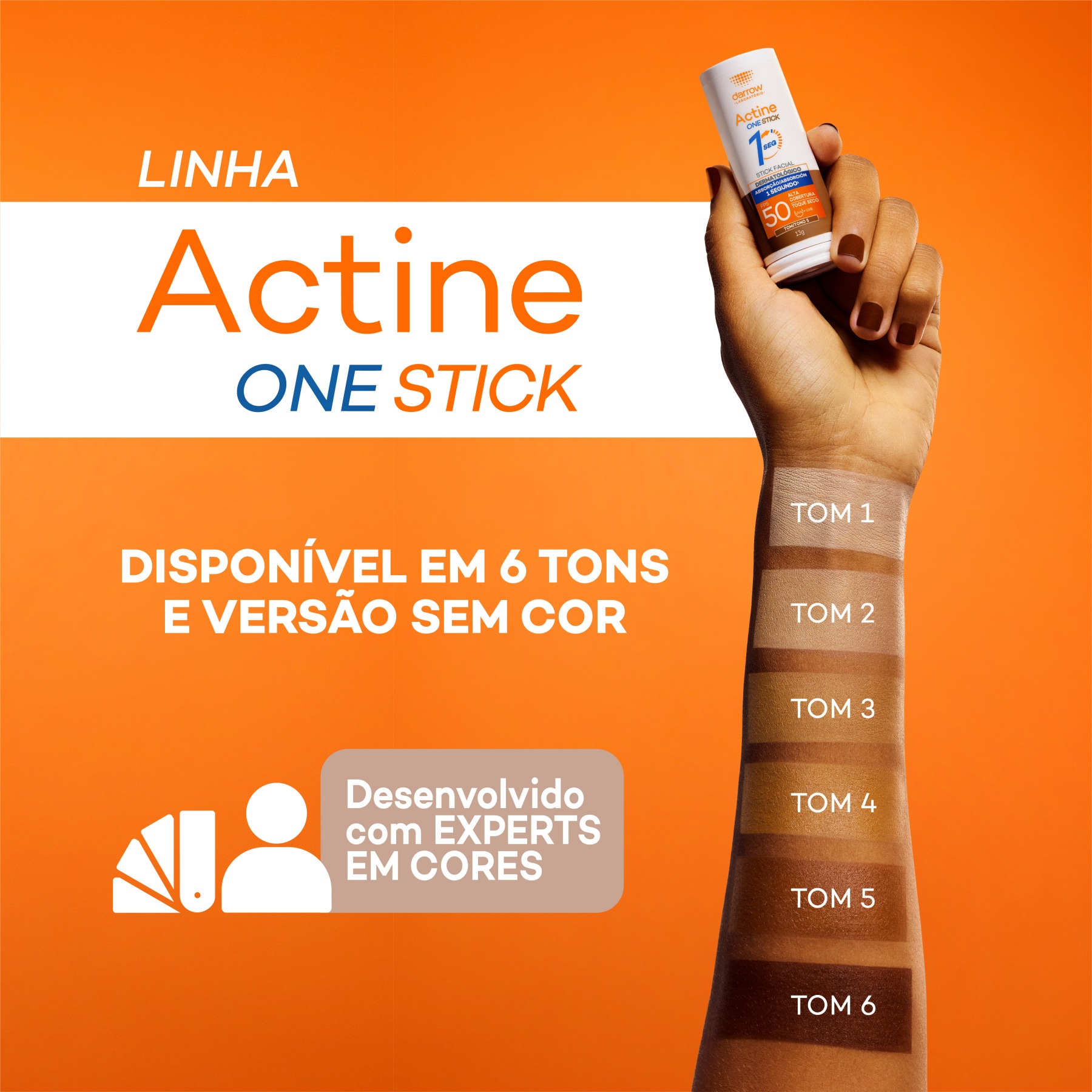 Linha Actine One Stick: Disponível em 6 tons e versão sem cor.