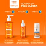 Rotina da pele oleosa Darrow: 1 - Gel de limpeza; 2 - Sérum com Vitamina C; 3 - Stick Facial.