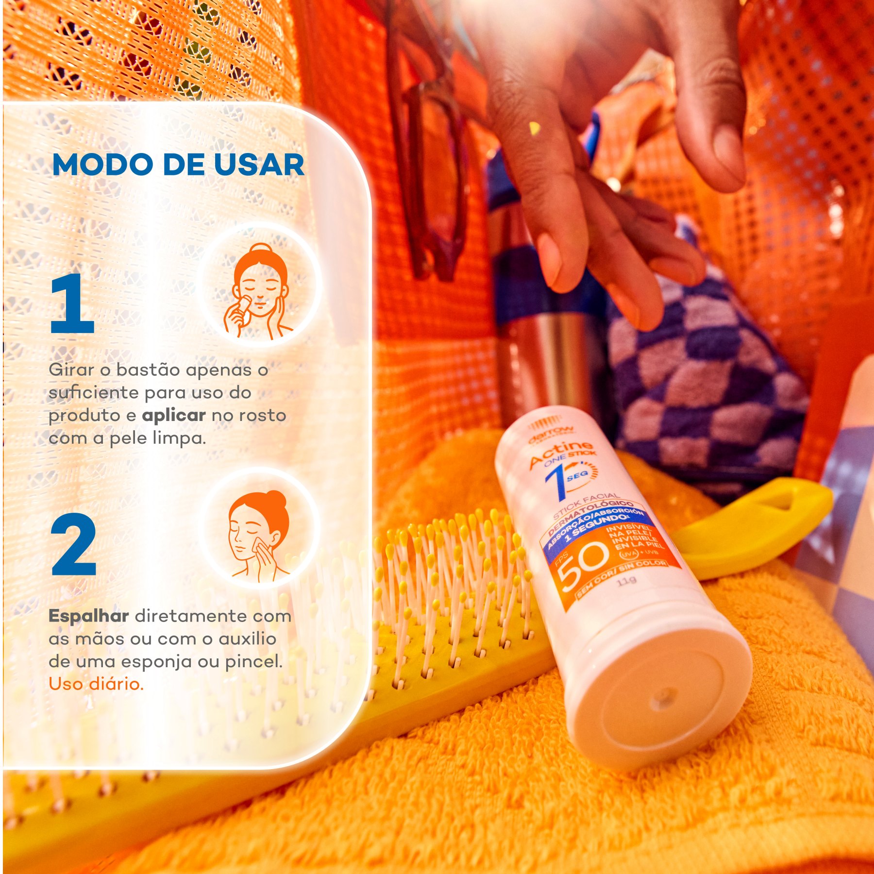 Como usar: 1 - gire o bastão o suficiente para uso do produto, e aplique no rosto com pele limpa; 2 - espalhe diretamente com as mãos ou com esponja/pincel. Uso diário.