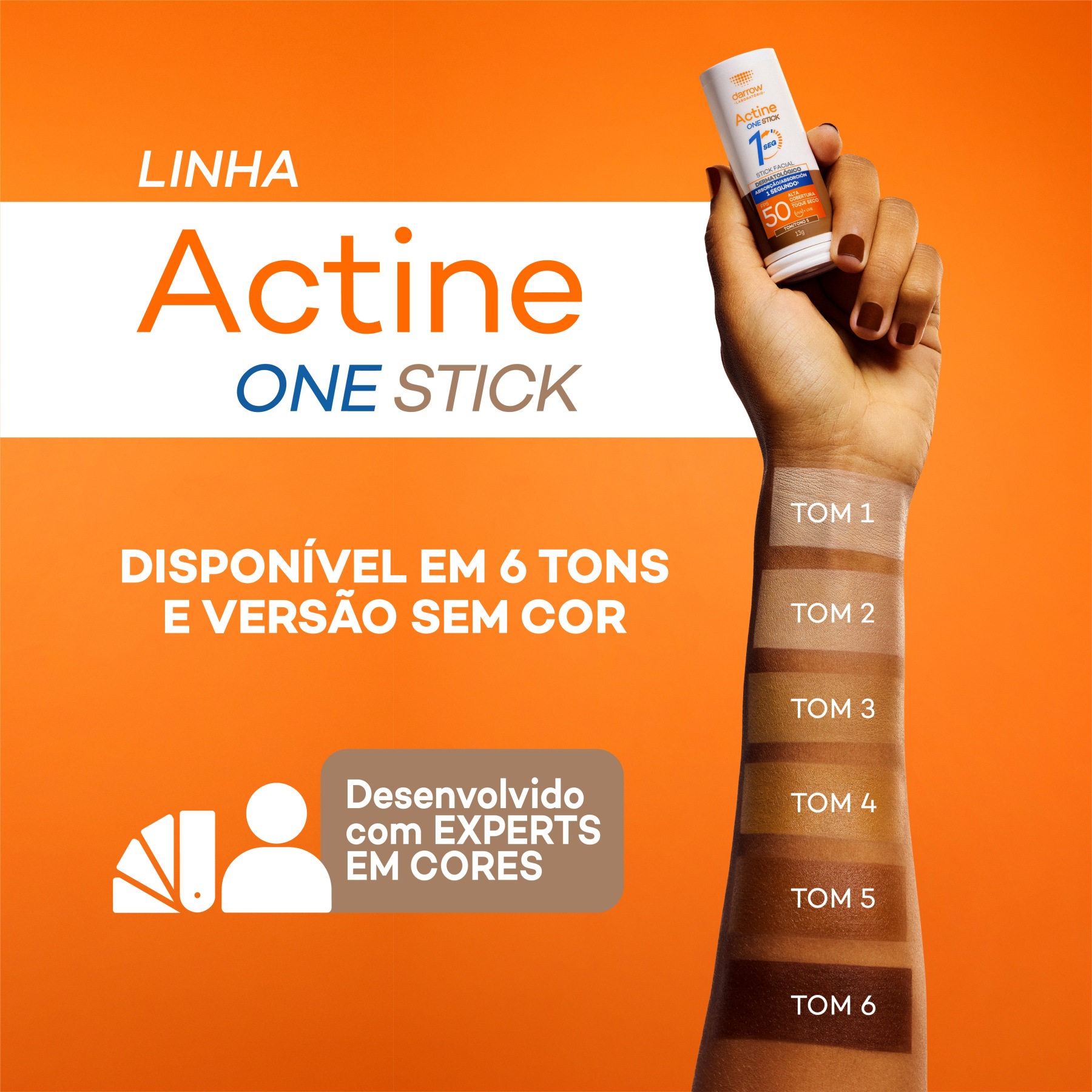 Linha Actine One Stick: Disponível em 6 tons e versão sem cor.