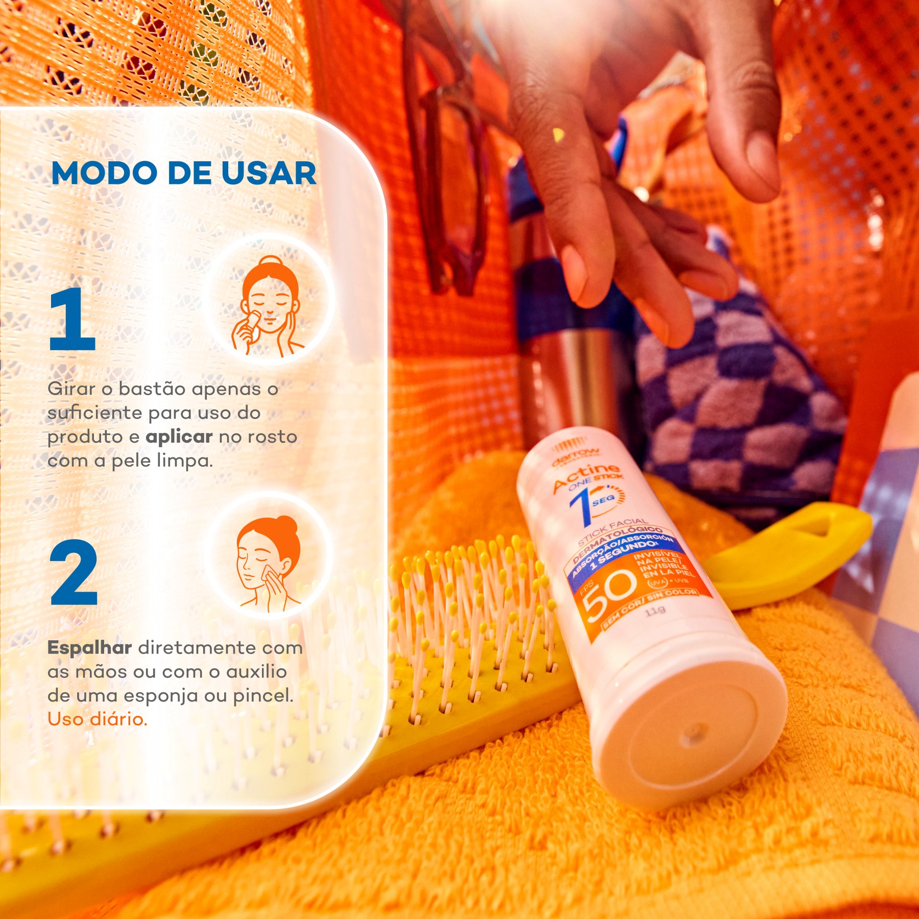 Como usar: 1 - gire o bastão o suficiente para uso do produto, e aplique no rosto com pele limpa; 2 - espalhe diretamente com as mãos ou com esponja/pincel. Uso diário.