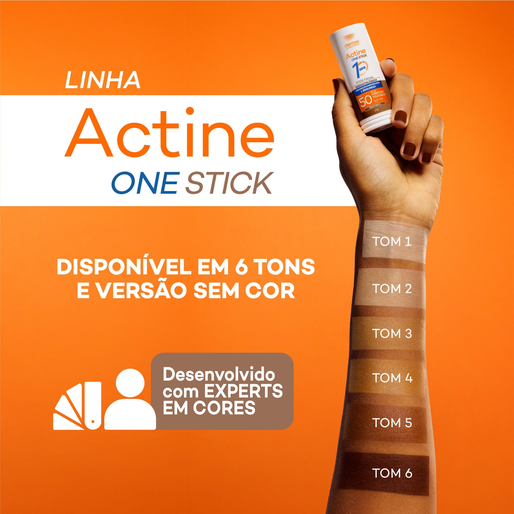 Linha Actine One Stick: Disponível em 6 tons e versão sem cor.