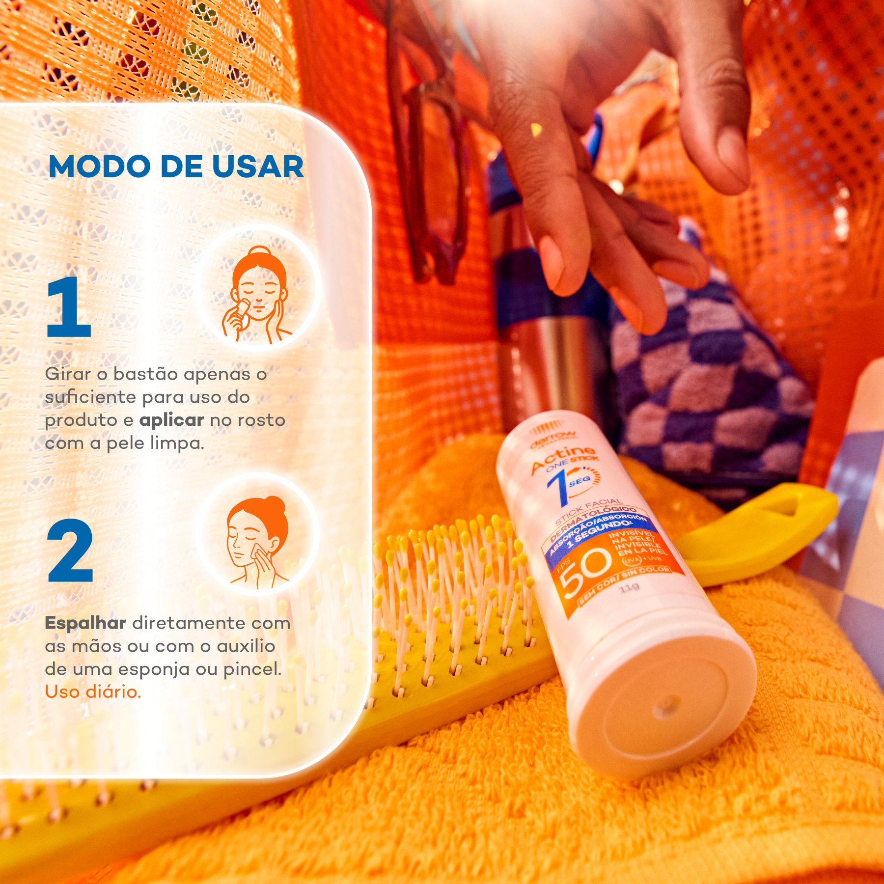 Como usar: 1 - gire o bastão o suficiente para uso do produto, e aplique no rosto com pele limpa; 2 - espalhe diretamente com as mãos ou com esponja/pincel. Uso diário.