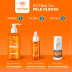 Rotina da pele oleosa Darrow: 1 - Gel de limpeza; 2 - Sérum com Vitamina C; 3 - Stick Facial.
