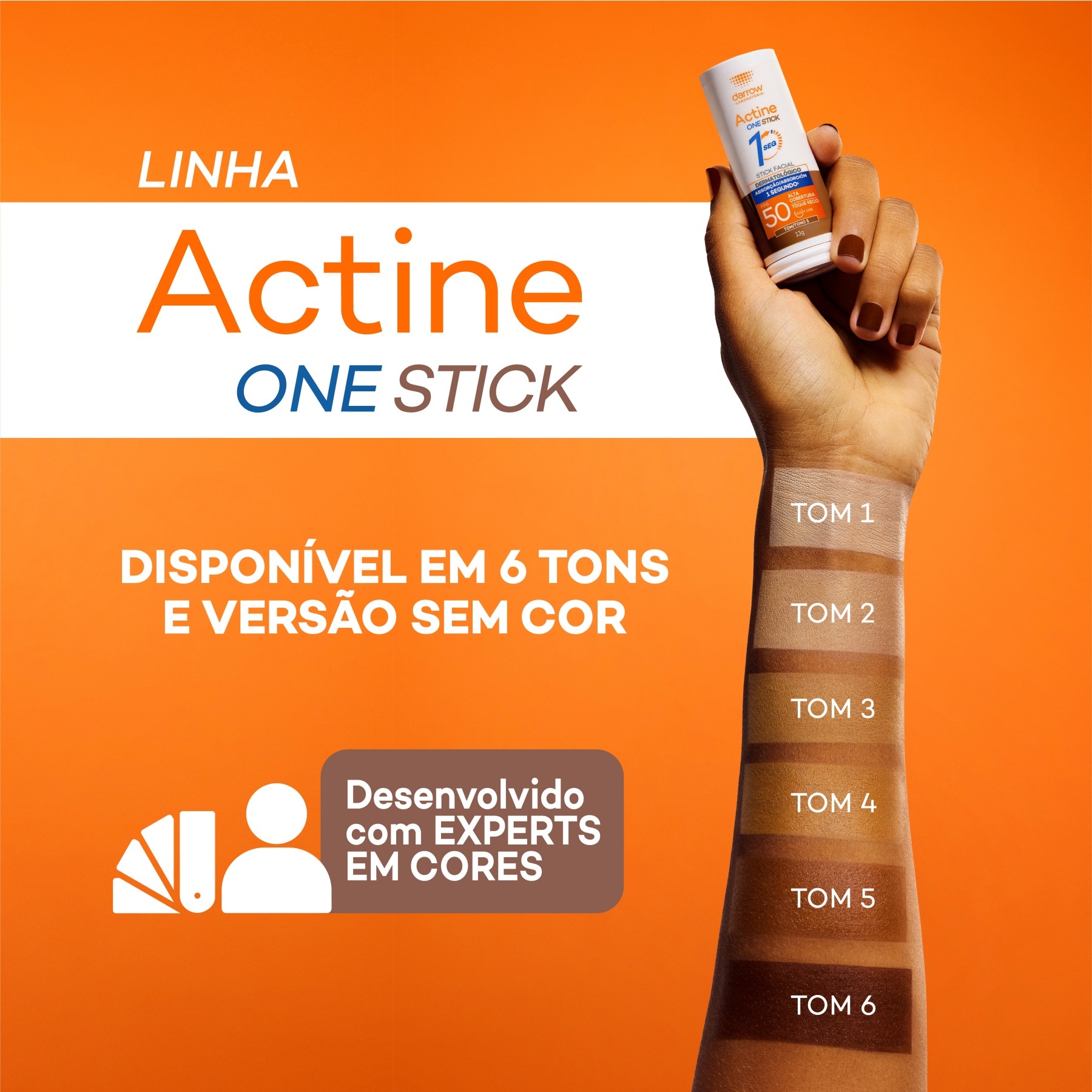 Linha Actine One Stick: Disponível em 6 tons e versão sem cor.