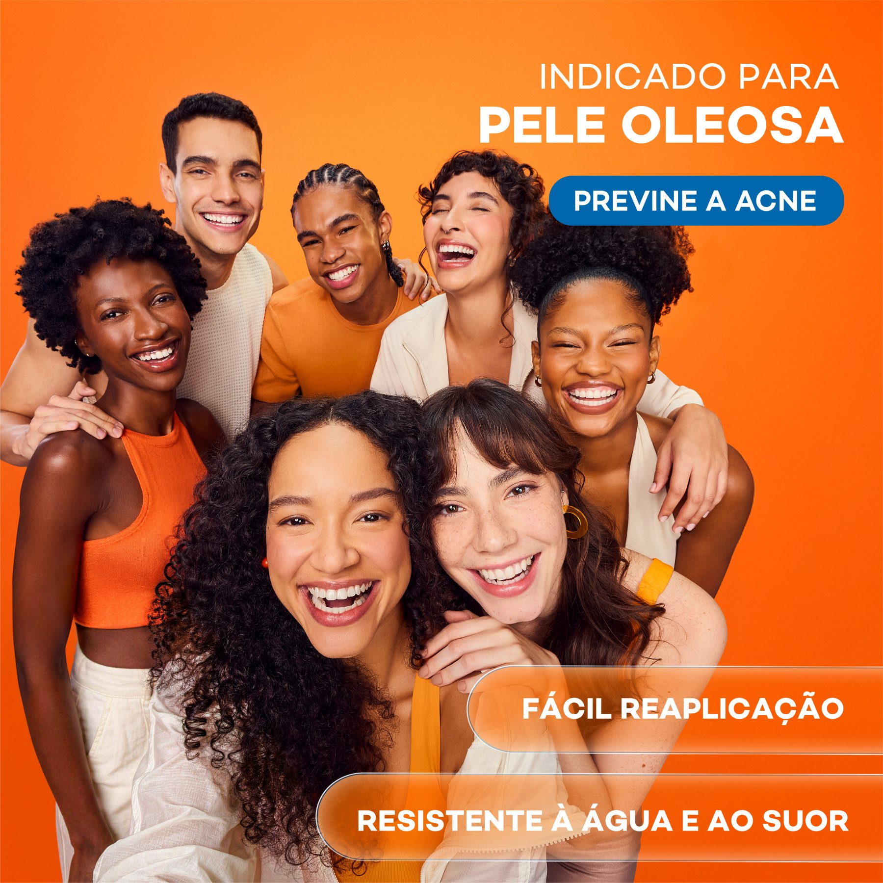 Indicado para pele oleosa. Previne acne. Fácil reaplicação. Resistente à água.