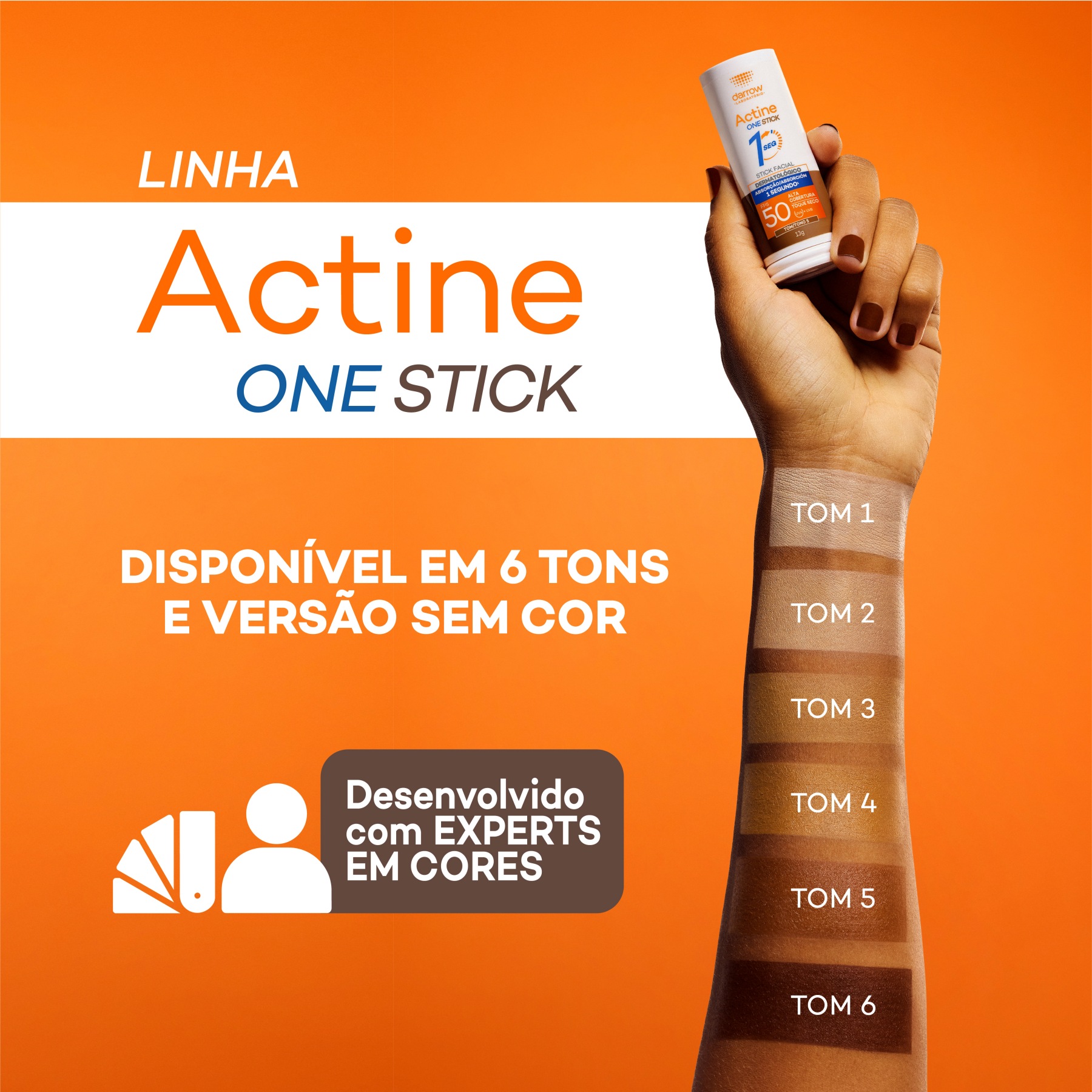 Linha Actine One Stick: Disponível em 6 tons e versão sem cor.